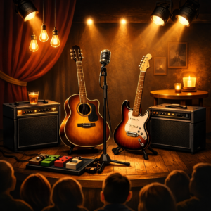 a clean, professional composition featuring guitars, amplifiers, spotlights, and a subtle crowd silhouette, all arranged on a glowing stage
