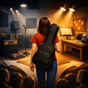 a slick, modern composition showing a young woman with a guitar slung over her shoulder, standing at a crossroads illuminated by warm stage lights. One path leads toward a glowing performance stage, the other toward a study desk with sheet music and headphones, symbolizing choice and growth.